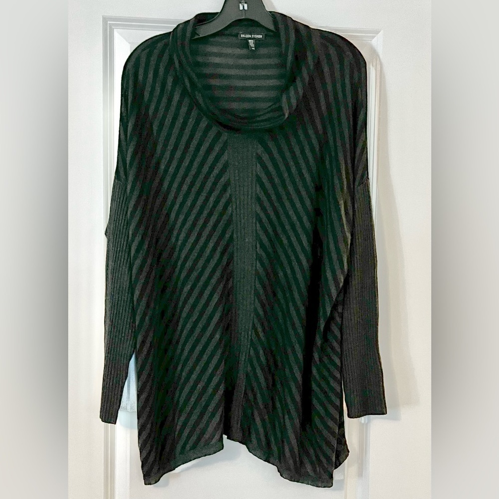 Eileen Fisher Tunic sweater Top Black Gray Long Sleeve striped with cowl neck
